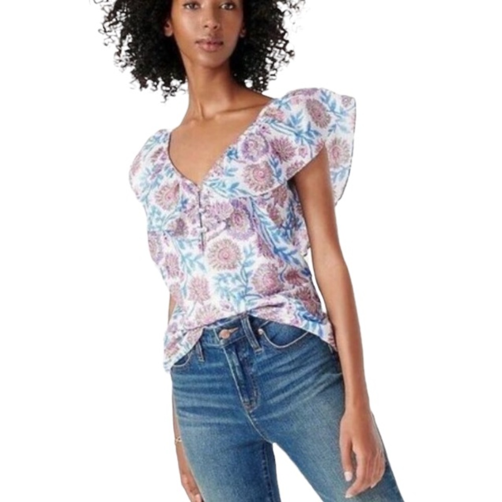 J. CREW Women’s Ruffle V-neck Blue/Pink Top. Size: S